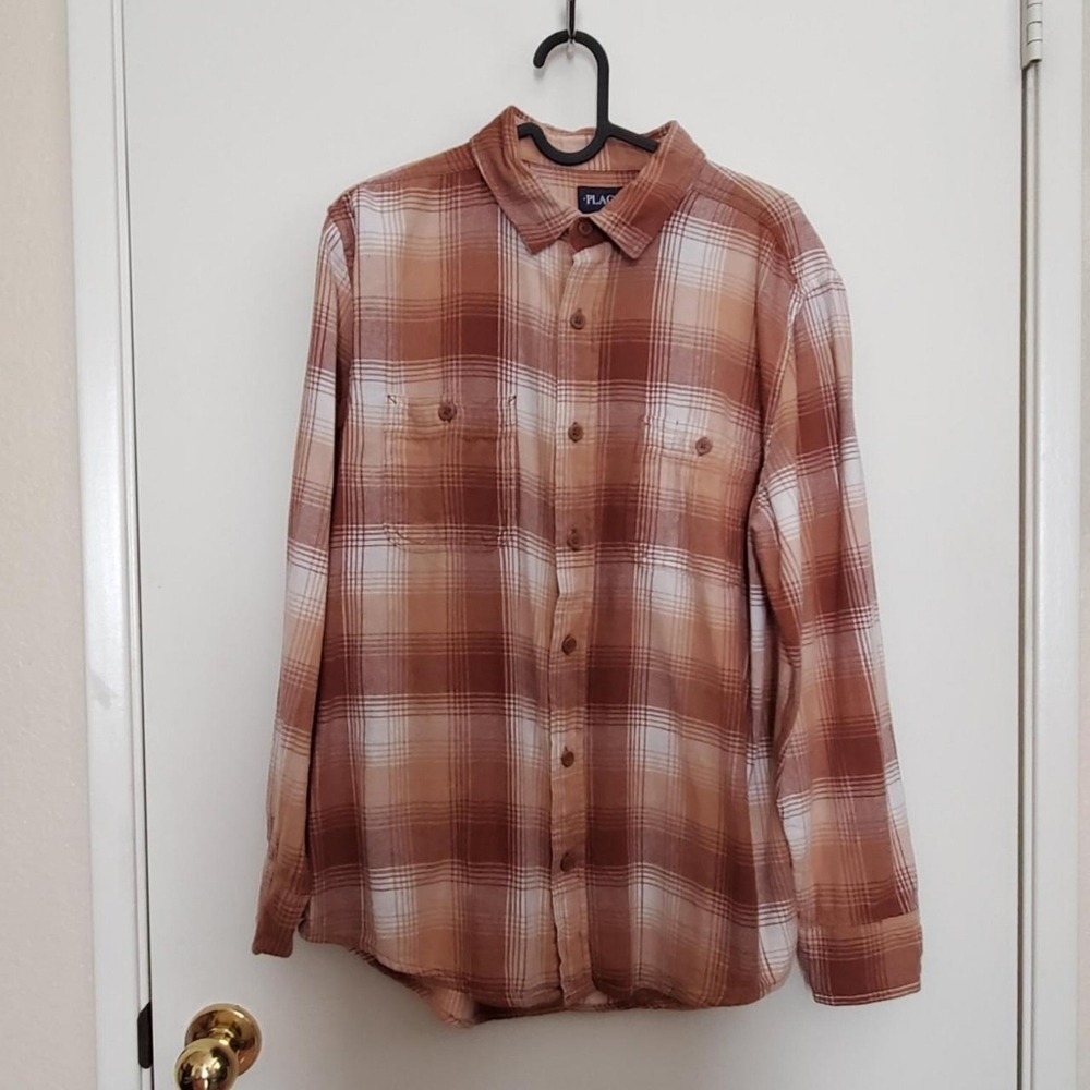 Place Brand Mens Medium Plaid Brown Tan Button Shirt Down Long Sleeve Casual Top